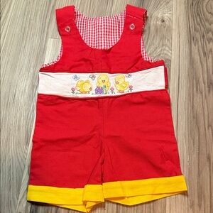 Vintage Easter Kids Shortalls with Chick Embroidery Hand Made 100% Cotton